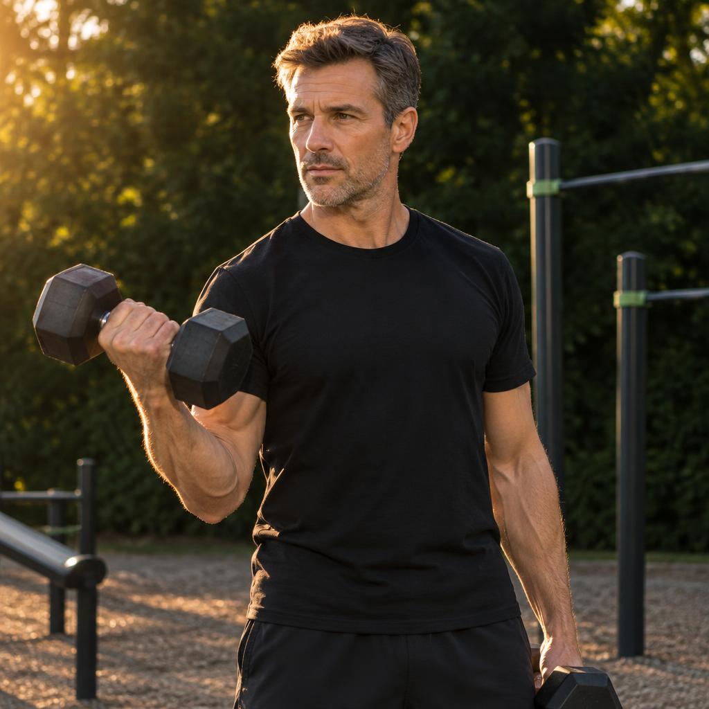 Adult man lifting a dumbbell outdoors